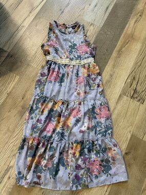 lilt Lavender Floral Tiered Maxi Dress with Gold Dot Accents